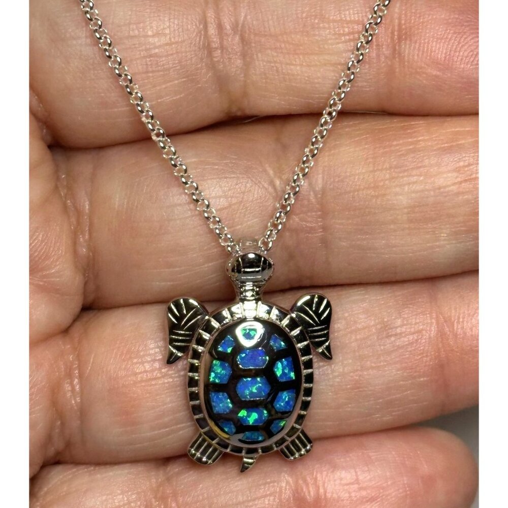Blue Opal Turtle Pendant in Thick Silver Italian Made 16” 2mm Silver Rolo Chain